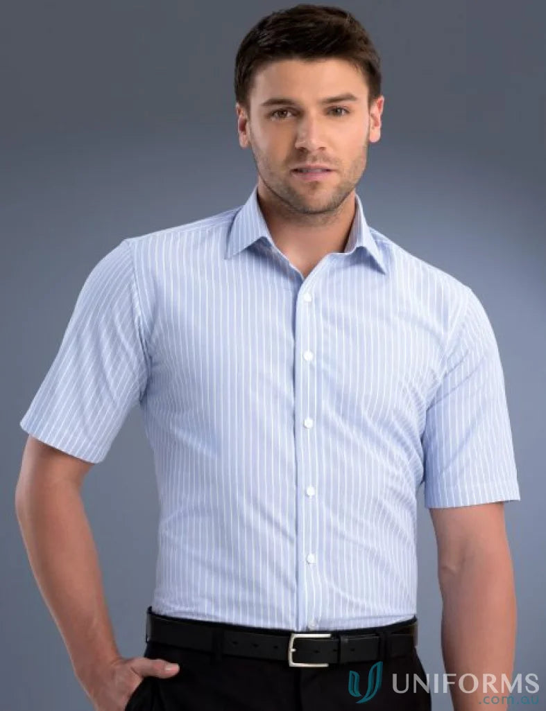 Men’s slim fit Keval short sleeve shirt in light blue pinstripe with black trousers