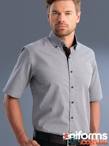 Men’s Keval Slim Fit SS Small Check Shirt with black collar and belt for a stylish look
