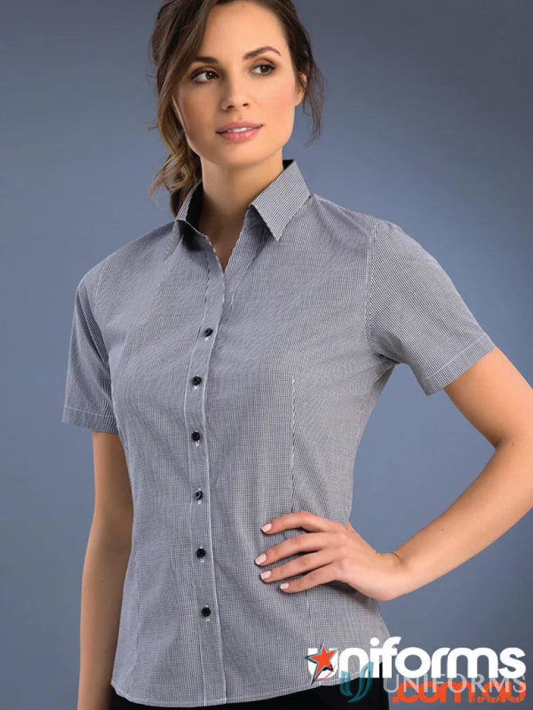 Woman in Keval women’s slim fit short black and white pinstriped shirt product 773-jk