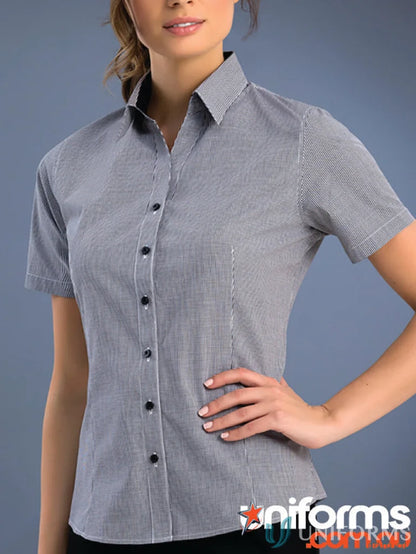 Keval women’s slim fit short sleeve shirt with grey and white pinstripe pattern