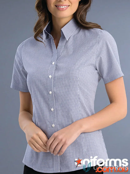 Keval women’s slim fit short sleeve square check shirt in light blue and white