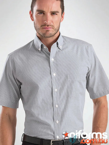 Gray short-sleeved button-down shirt from Keval Men’s Short collection, perfect as a short sleeve multi check shirt