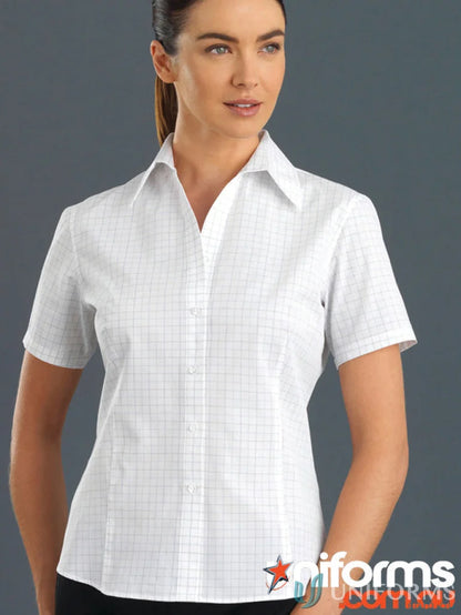 Keval women’s short white window check shirt with short sleeves and collar