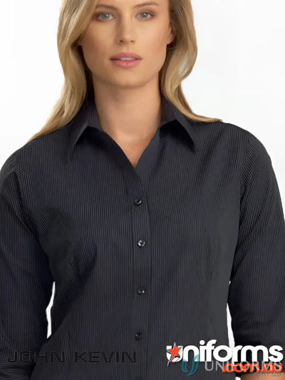 Keval Womens 3Q dark stripe shirt with semi-tailored fit and V-neck collar