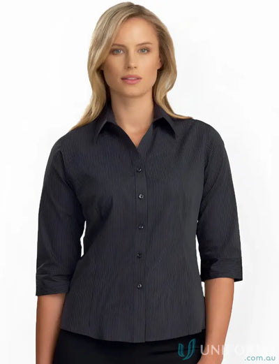 Woman in 136-jk Keval Womens dark stripe shirt with semi-tailored fit