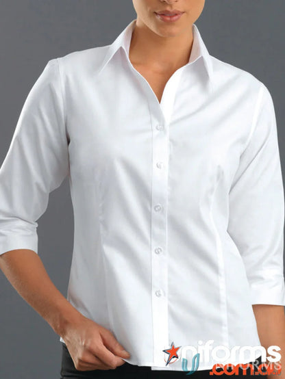 Woman wearing Keval Womens 3Q Pinpoint Oxford Shirt with three-quarter sleeves