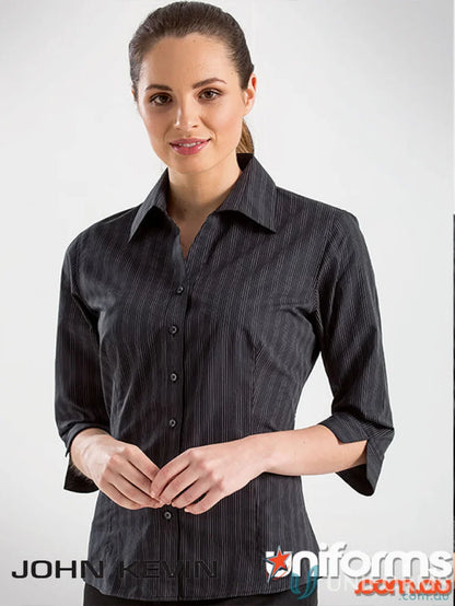 Woman modeling Keval Womens 3Qtr Darker Stripe Shirt with three-quarter sleeves