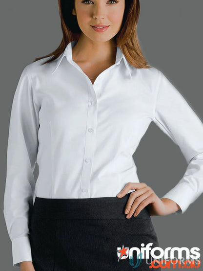 Woman modeling Keval Womens LS Oxford Shirt, stylish pinpoint oxford shirt for women