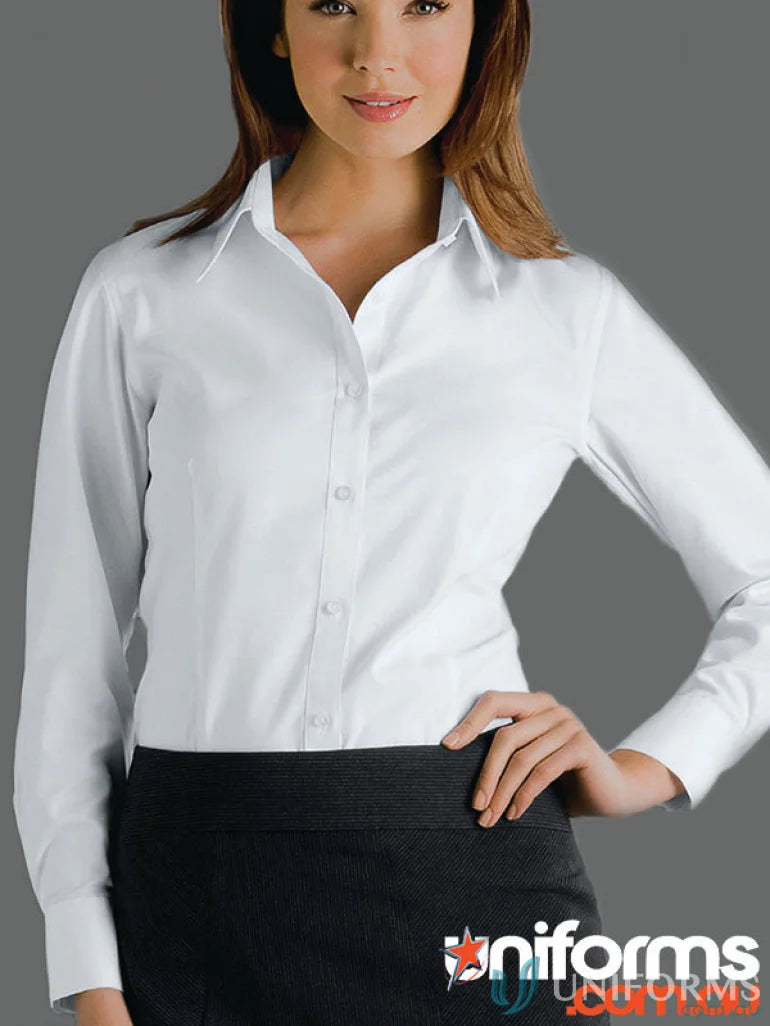 Woman modeling Keval Womens LS Oxford Shirt, stylish pinpoint oxford shirt for women