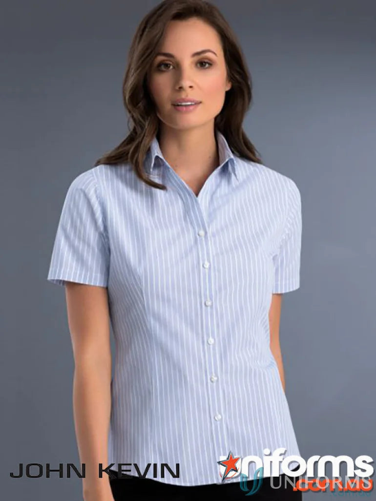 Woman modeling Keval Style 719-JK women’s slim fit SS shirt with light blue stripes