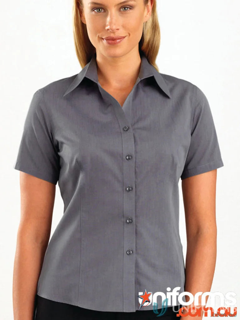 Gray short-sleeved chambray shirt from Keval Womens Style 161-JK with semi-tailored fit