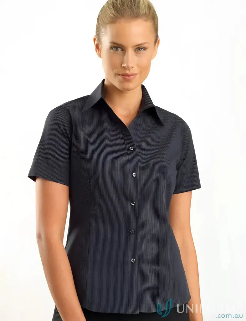 Keval Womens SS Dark Stripe Shirt, short sleeve dark grey shirt with vertical pinstripes