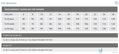 Alt text for Keval Women’s SS Darker Stripe Shirt size chart with measurements and fit notes