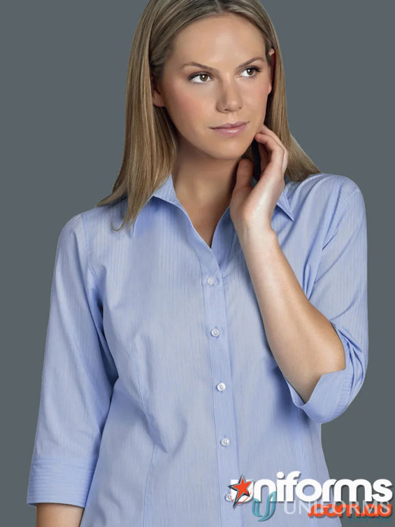 Blonde woman wearing Keval Womens SS Soft Stripe Shirt in light blue, stylish stripe shirt