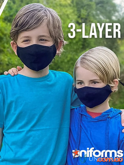 Two boys wearing dark blue Kids 3 Layer Face Masks with adjustable toggles