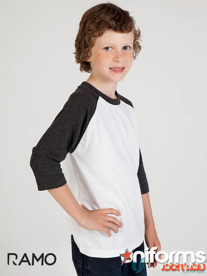 Boy’s white and gray raglan tee perfect for kids’ uniforms or casual workwear