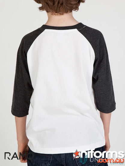 Kids 3Qtr Raglan Tee showing stylish white and black raglan tee for uniforms or workwear