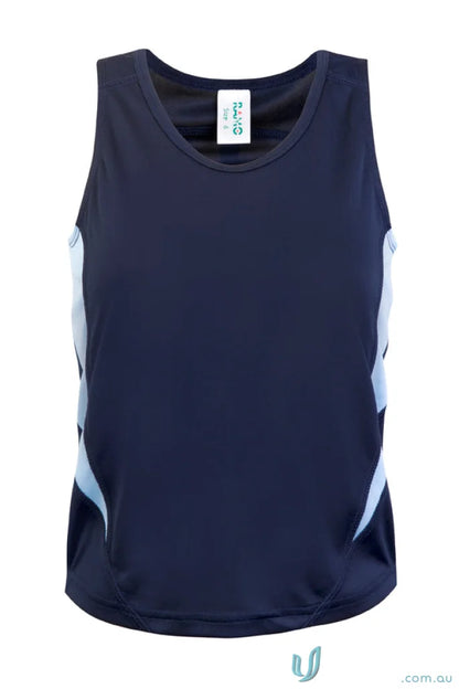 Kids Accelerator navy blue athletic tank top with light blue and white side panels