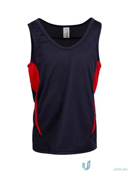 Kids Accelerator CoolDry Singlet in navy blue and red, perfect for kids’ uniforms or workwear