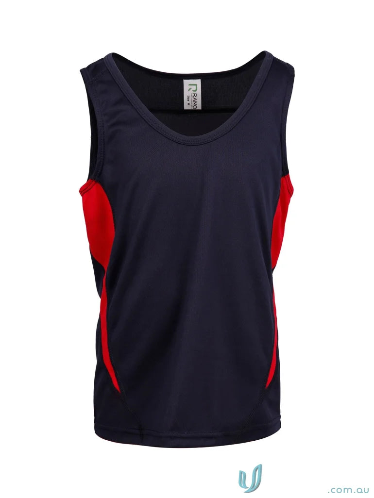 Kids Accelerator CoolDry Singlet in navy blue and red, perfect for kids’ uniforms or workwear