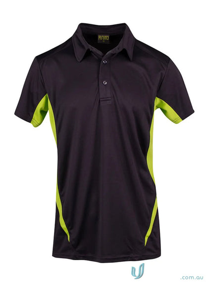Kids Accelerator Polo in black and lime green short-sleeved polo shirt with three buttons
