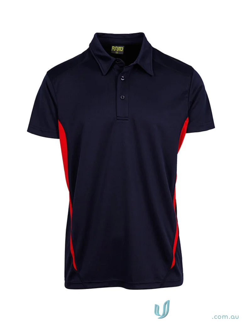 Kids Accelerator Polo in dark blue with red side panels, perfect for kids’ style