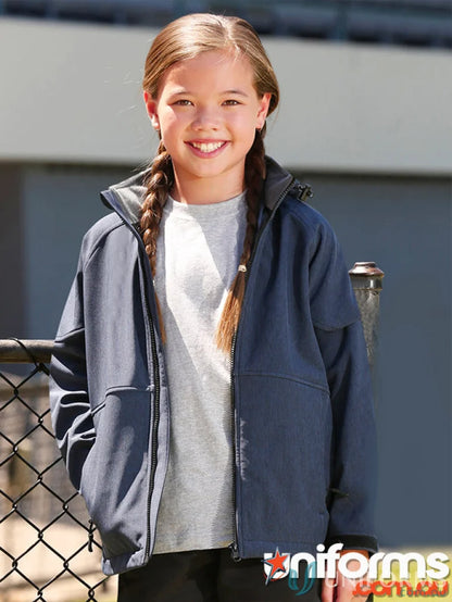 Girl’s navy blue jk33k Spirit Kids softshell hood jacket from Kids Aspen collection