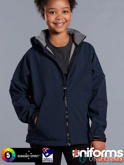 Kids Aspen Softshell Hooded Jacket in navy blue, perfect for Spirit Kids jk33k style
