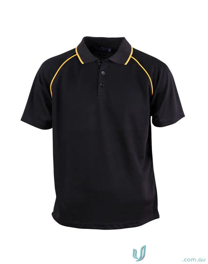 Kids champion raglan black polo shirt with gold trim, perfect for winning spirit kids