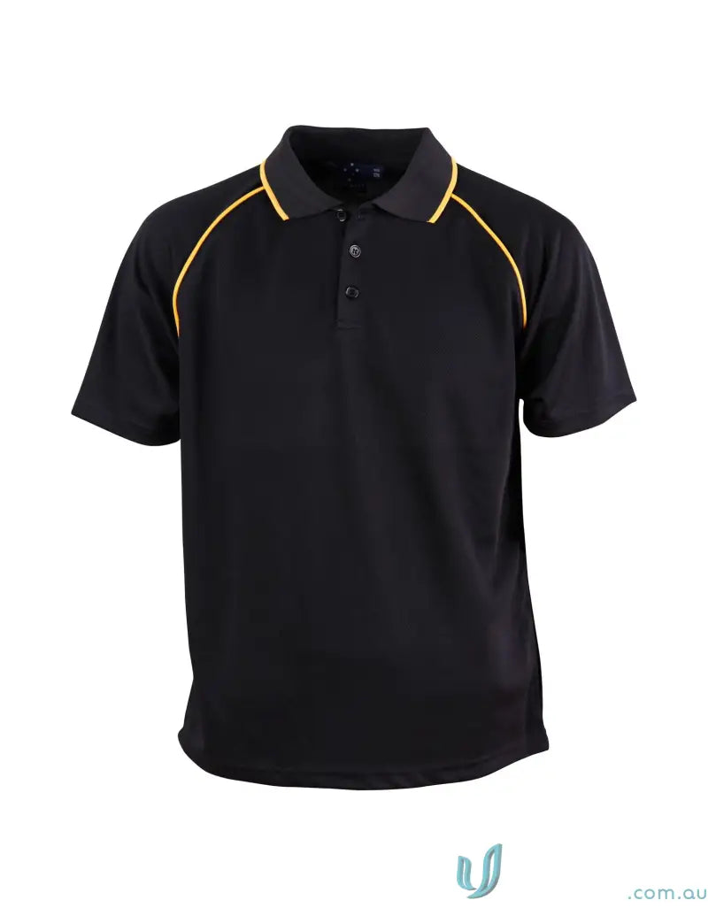Kids champion raglan black polo shirt with gold trim, perfect for winning spirit kids