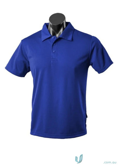 Kids Botany Polo in blue fabric on mannequin, perfect for uniforms and workwear