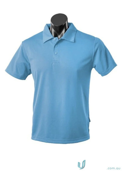 Light blue Kids Botany Polo shirt on mannequin, soft fabric perfect for uniforms or workwear