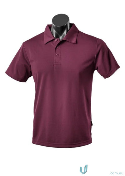 Maroon Kids Botany Polo shirt on mannequin made from comfy fabric, perfect for uniforms