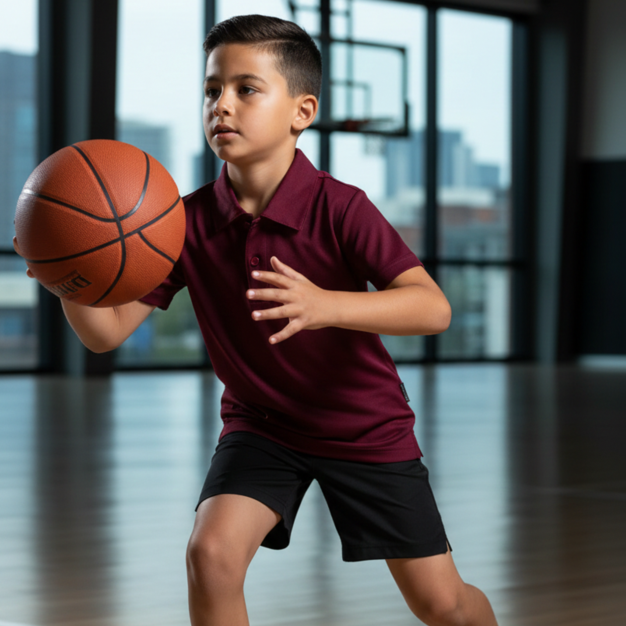 Kids Botany Polo orange basketball fabric with black seams uniforms