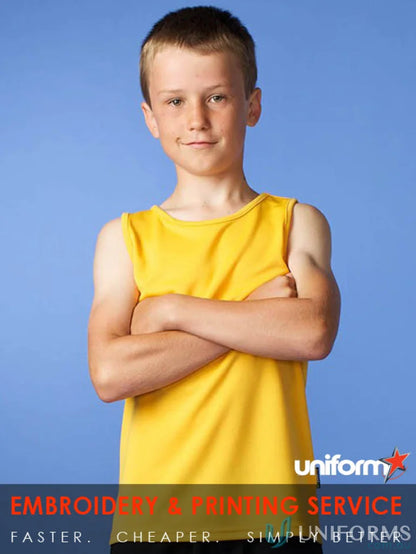 Yellow sleeveless botany singlet perfect for kids’ uniforms and workwear look
