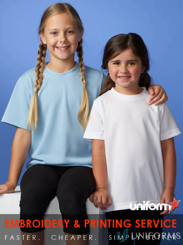 Two young girls wearing Kids Botany Tee, perfect for fun workwear or uniforms