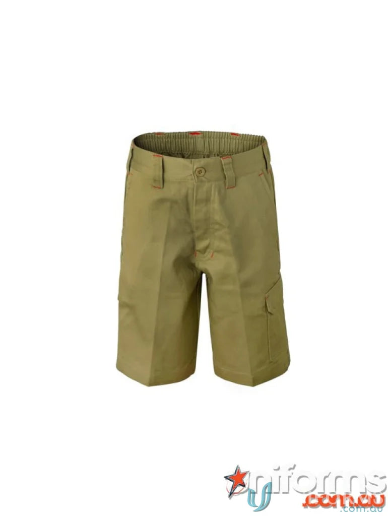 Kids cargo shorts in khaki with reinforced stress points for wild backyard missions