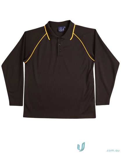 Kids Champion Raglan cooldry long sleeve brown polo shirt with yellow trim