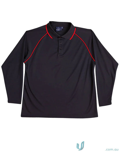 Kids Champion Raglan black long sleeve polo shirt with red trim for cooldry long sleeve style