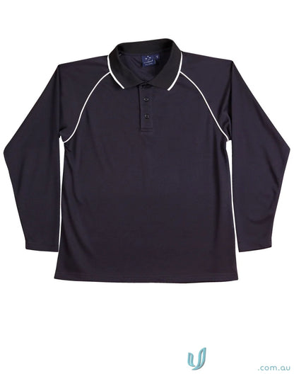 Kids Champion Raglan black long sleeve polo shirt with white trim for cooldry long sleeve style