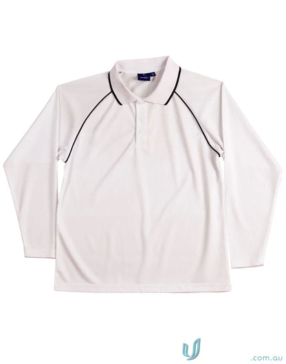 Kids Champion Raglan white long-sleeve polo shirt with black trim for boys