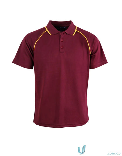 Kids Champion Raglan maroon polo shirt with gold trim, perfect raglan sleeve polo style
