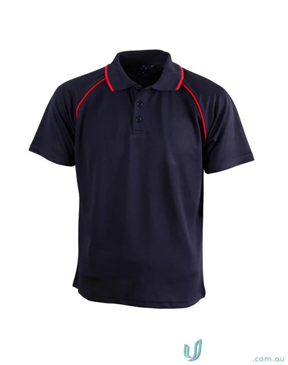 Kids Champion Raglan navy polo shirt with red trim showing raglan sleeve style for winning spirit kids
