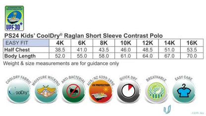 Kids Champion Raglan SS Polo size chart and features for the winning spirit kids