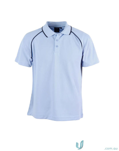 Kids Champion Raglan SS Polo with light blue color and dark trim, sporty raglan sleeve polo