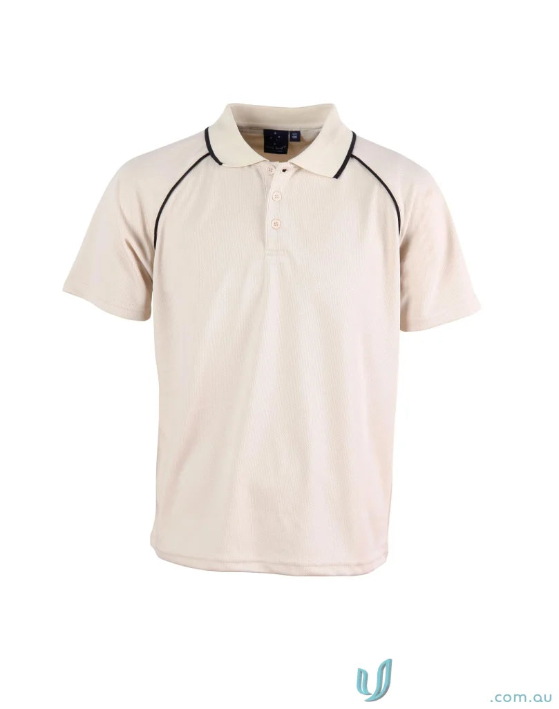 Kids Champion Raglan beige polo with black trim, perfect raglan sleeve polo for kids