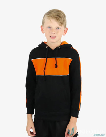 Kids Chesty Hoodie in black and orange with anti-pill fleece and chest panel design