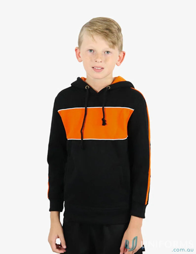 Kids Chesty Hoodie in black and orange with anti-pill fleece and chest panel design