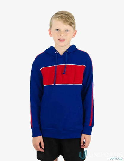 Boy in Kids Chesty Hoodie with blue and red anti-pill fleece chest panel BSHD11K