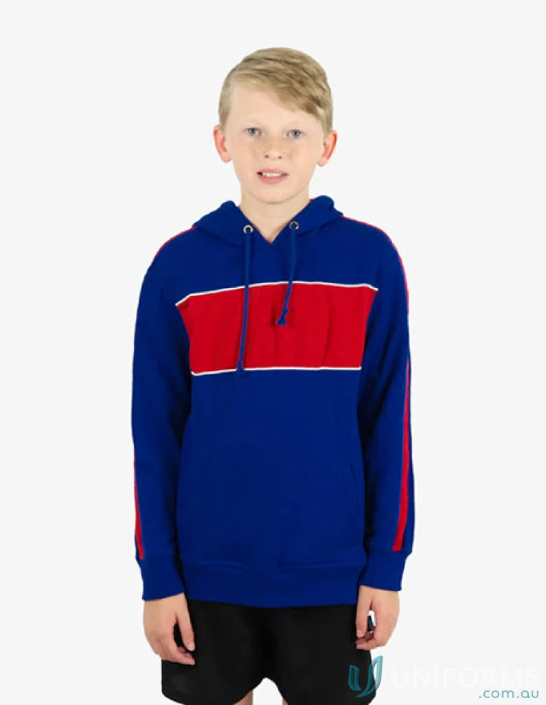 Boy in Kids Chesty Hoodie with blue and red anti-pill fleece chest panel BSHD11K